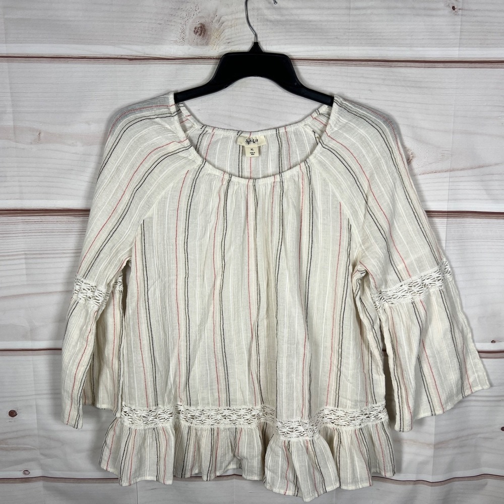 Style & Co Top Womens XL Ivory Cotton Gauze Blouse Lace Trim Ruffle Peasant